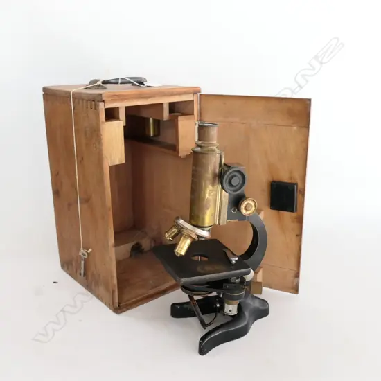 F.KORITSKA - MILANO, BLACK LACQUERED BRASS MICROSCOPE, IN CASE. (1 STAGE CLIP MISSING)